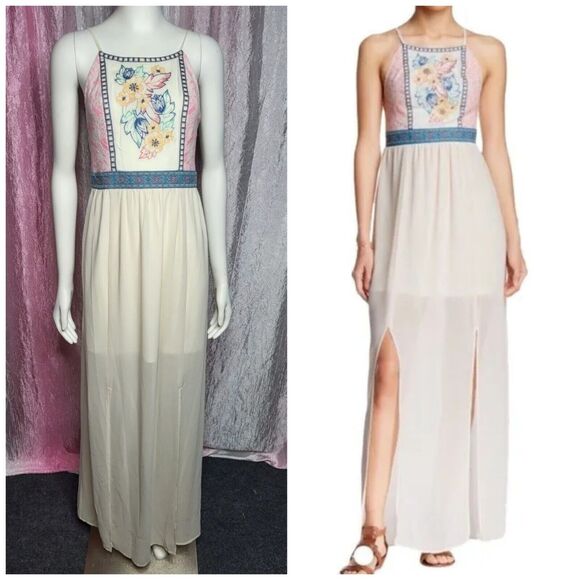 Flying Tomato Floral Ivory Chiffon Embroidered Lined Maxi Dress Size Medium - Picture 1 of 14